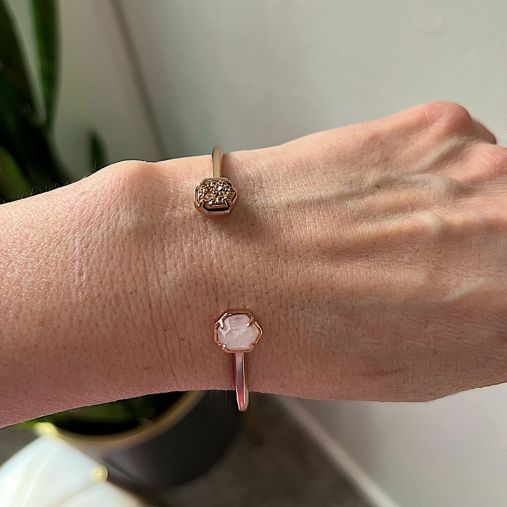 KENDRA SCOTT DAVIE ROSE GOLD DRUSY PINK QUARTZ PINCH CUFF BRACELET